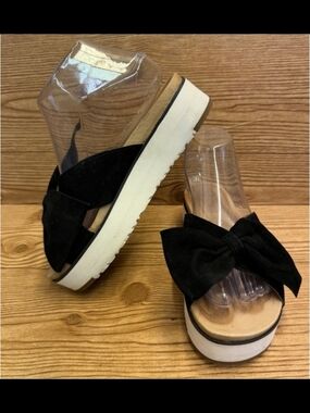 UGG Joanie Suede Leather Bow Black and White Platform Sandals Slide